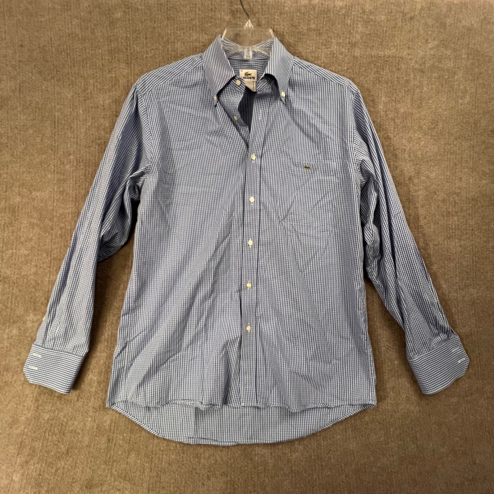 Lacoste Mens Large 42 Large Blue Gingham Check Button Up Long Sleeve ClassicFit